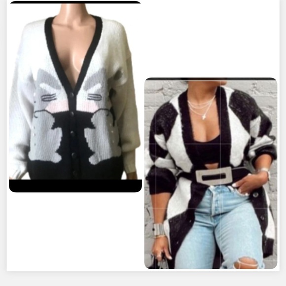 Vintage cozy cardigan cottage core sweater black and white bunny print style - Picture 3 of 14